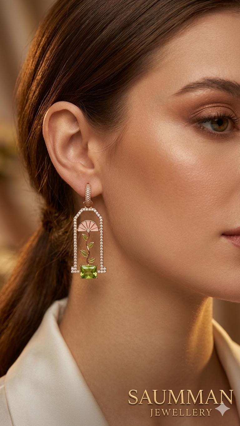 18K Gold Plated Greenhouse Dangle Earrings, Art Deco Flower Window, Peridot Green Gemstone