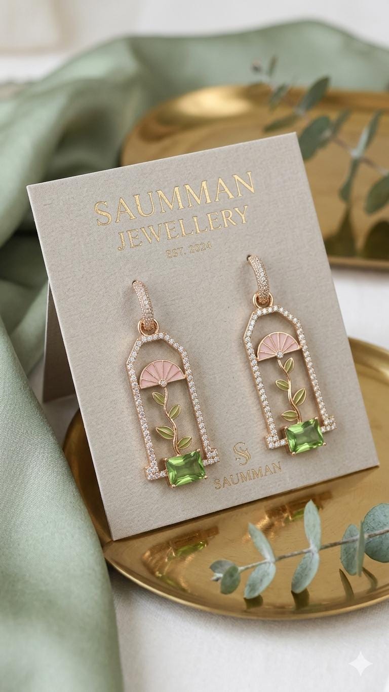 18K Gold Plated Greenhouse Dangle Earrings, Art Deco Flower Window, Peridot Green Gemstone