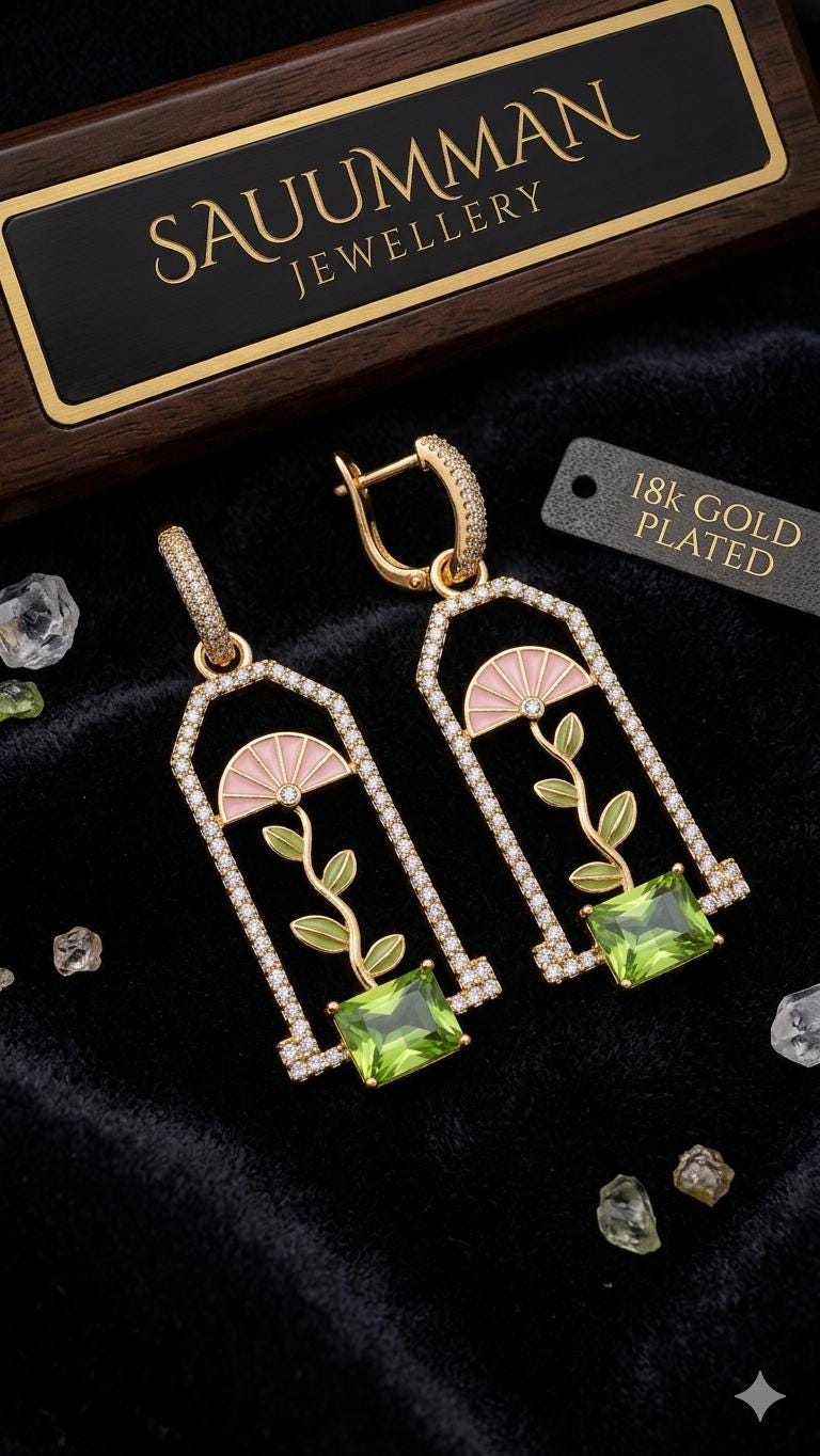 18K Gold Plated Greenhouse Dangle Earrings, Art Deco Flower Window, Peridot Green Gemstone