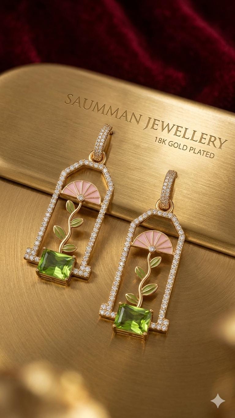 18K Gold Plated Greenhouse Dangle Earrings, Art Deco Flower Window, Peridot Green Gemstone
