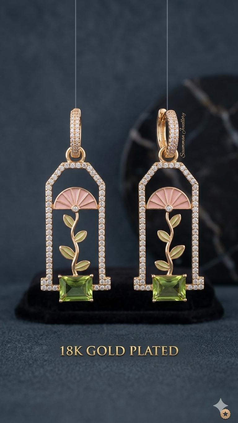 18K Gold Plated Greenhouse Dangle Earrings, Art Deco Flower Window, Peridot Green Gemstone
