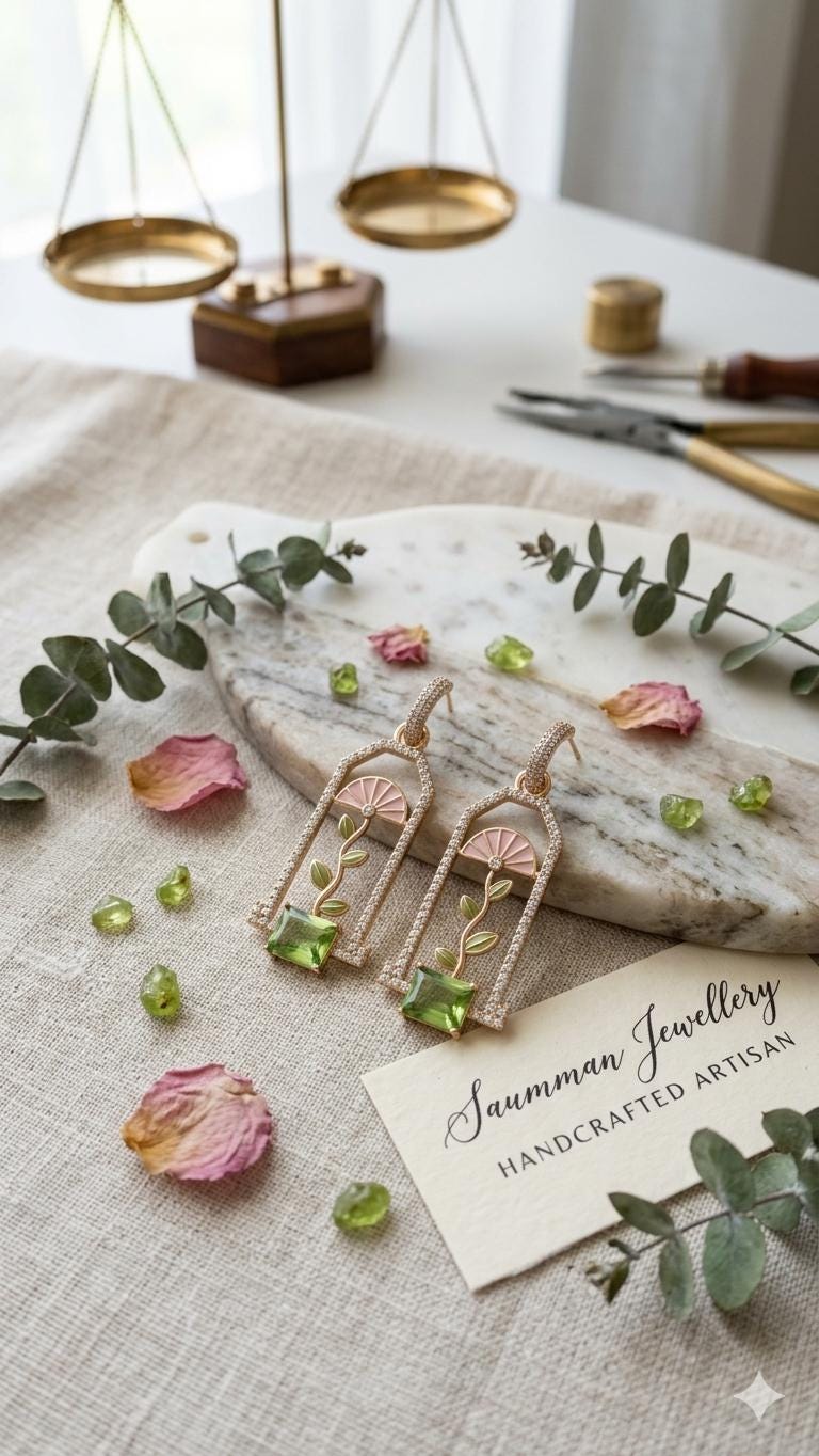 18K Gold Plated Greenhouse Dangle Earrings, Art Deco Flower Window, Peridot Green Gemstone