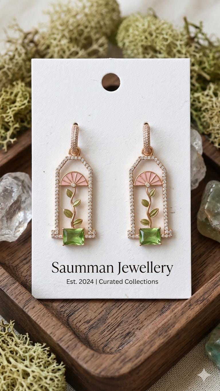 18K Gold Plated Greenhouse Dangle Earrings, Art Deco Flower Window, Peridot Green Gemstone