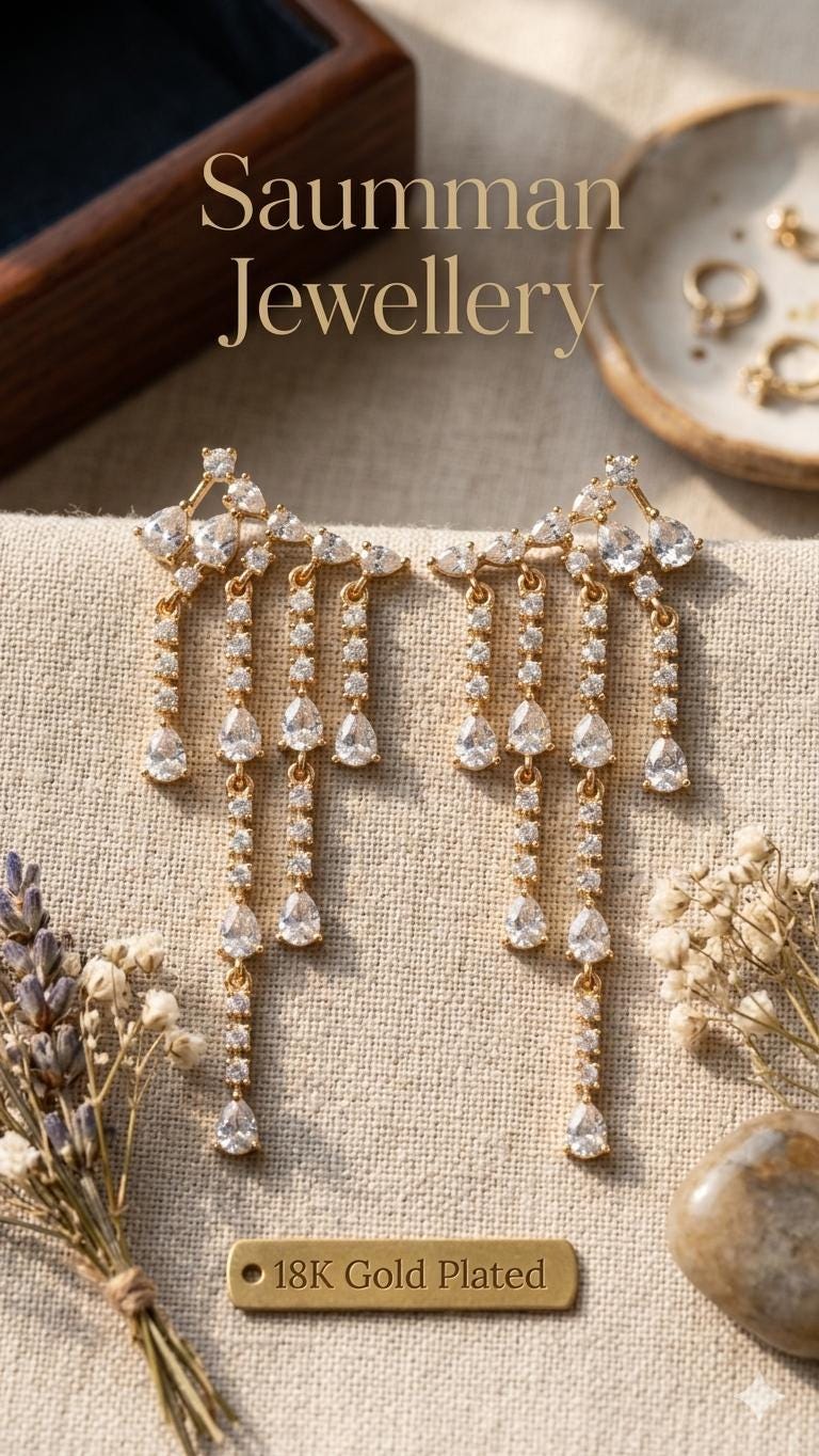 18K Gold Plated Teardrop Chandelier Earrings, Cubic Zirconia Dangle Bridal Jewelry