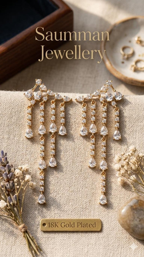 18K Gold Plated Teardrop Chandelier Earrings, Cubic Zirconia Dangle Bridal Jewelry