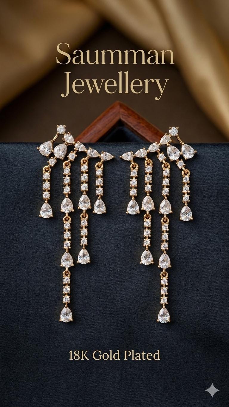 18K Gold Plated Teardrop Chandelier Earrings, Cubic Zirconia Dangle Bridal Jewelry