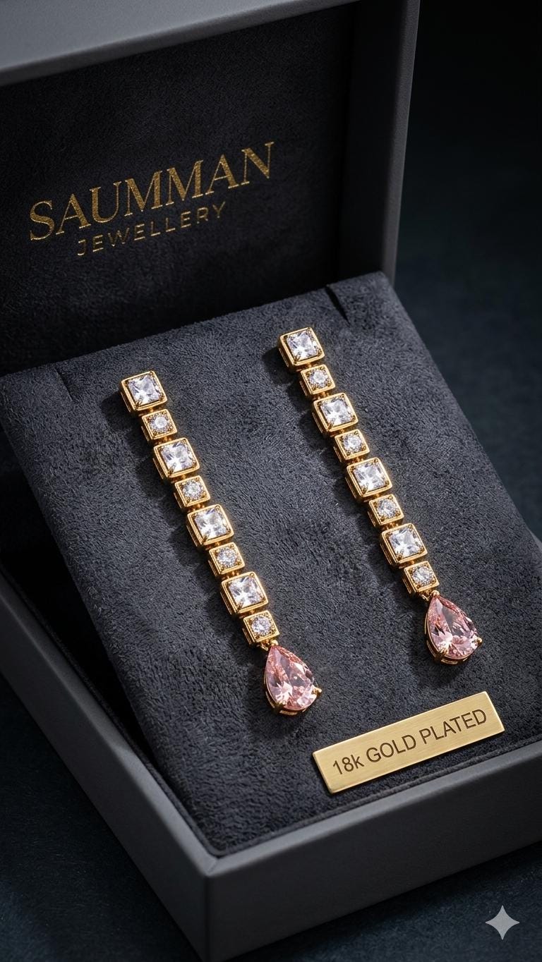 18k Gold Plated Pink Teardrop Crystal Drop Earrings, Geometric Bridal Dangle Jewelry