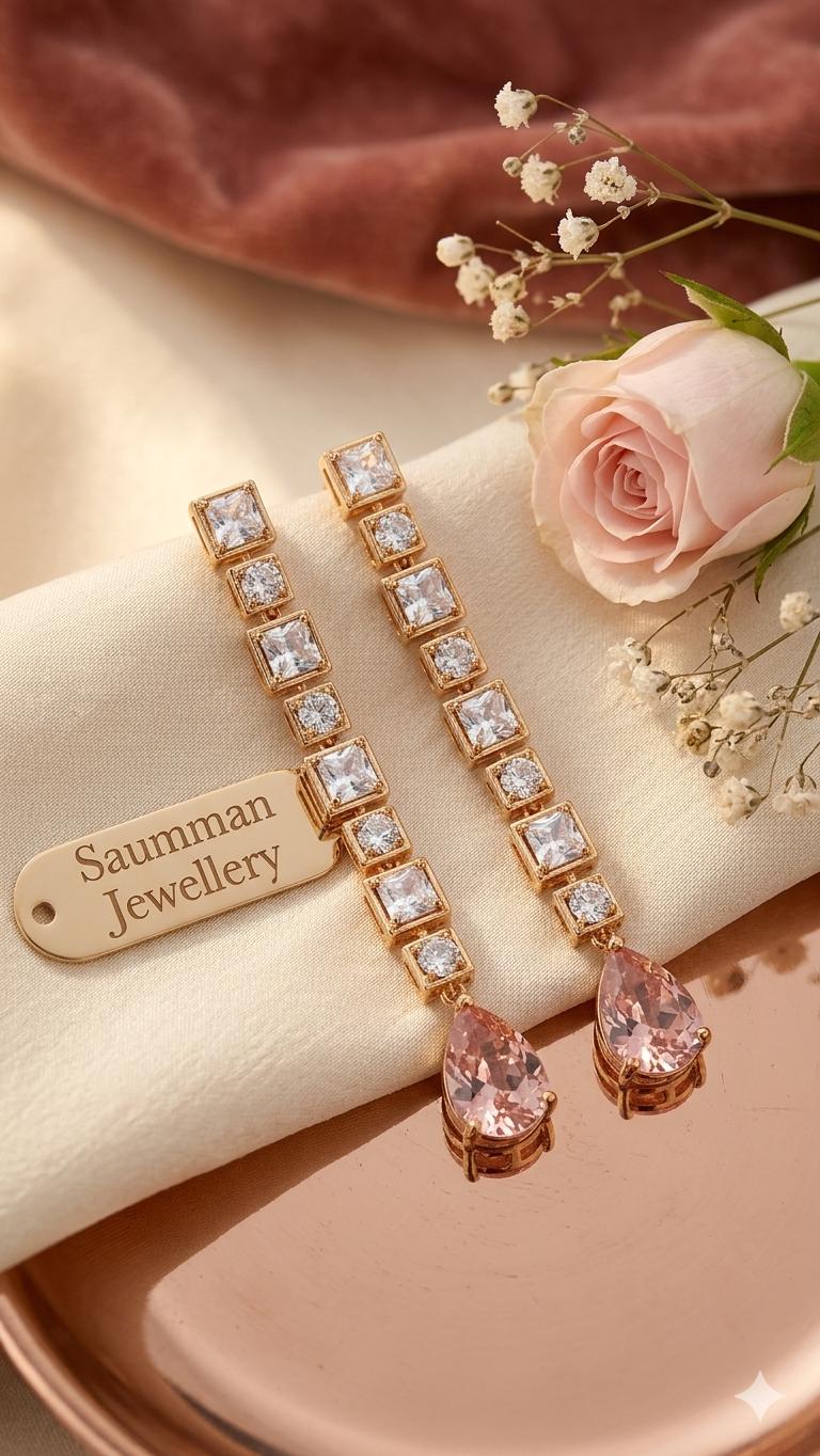 18k Gold Plated Pink Teardrop Crystal Drop Earrings, Geometric Bridal Dangle Jewelry