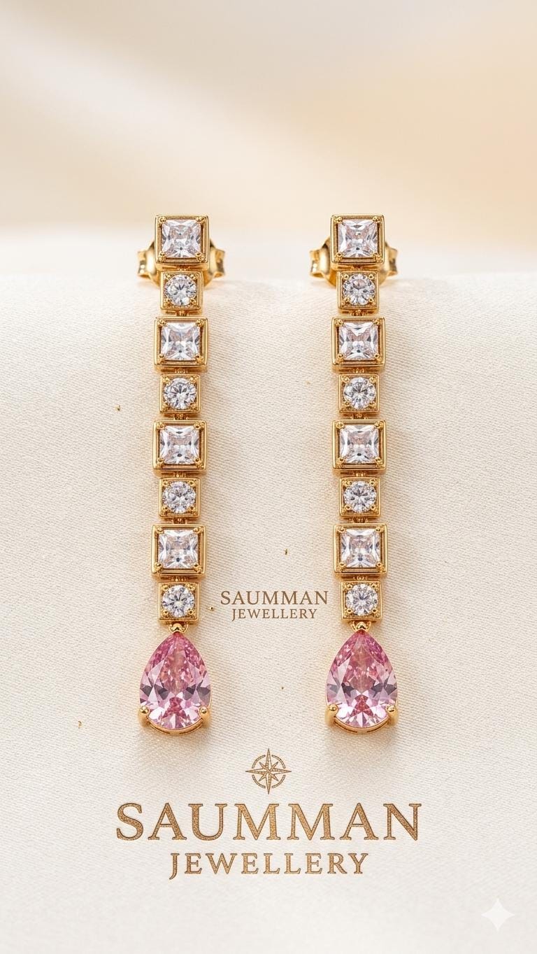 18k Gold Plated Pink Teardrop Crystal Drop Earrings, Geometric Bridal Dangle Jewelry