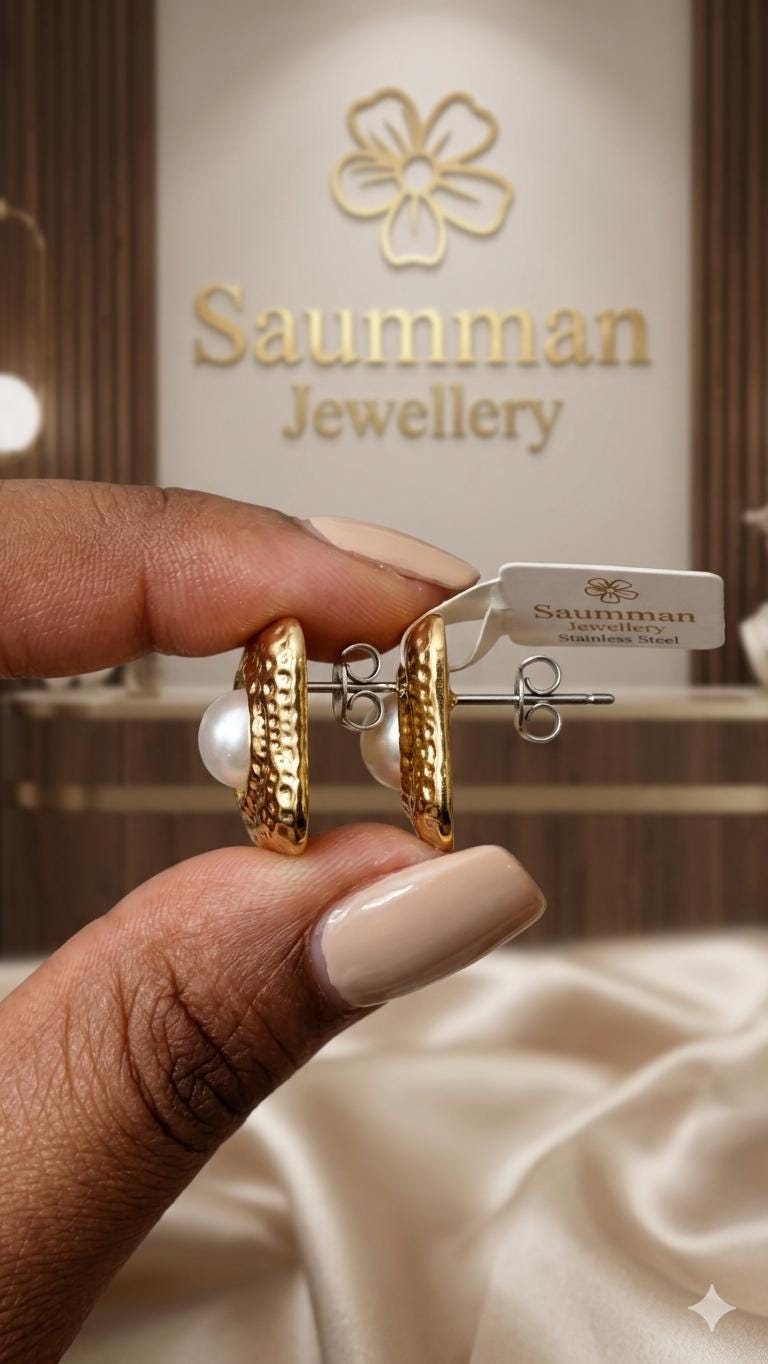 Gold Flower Pearl Earrings Set, Textured Stainless Steel Statement Hoops