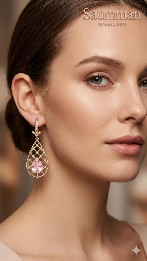 18K Gold Plated Pink Morganite Teardrop Earrings, Victorian Lattice Dangle Jewelry