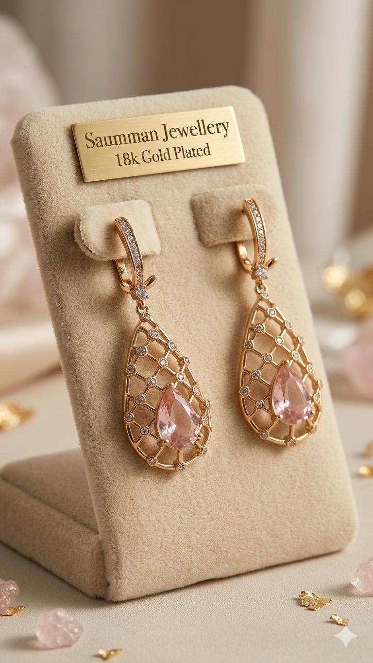 18K Gold Plated Pink Morganite Teardrop Earrings, Victorian Lattice Dangle Jewelry