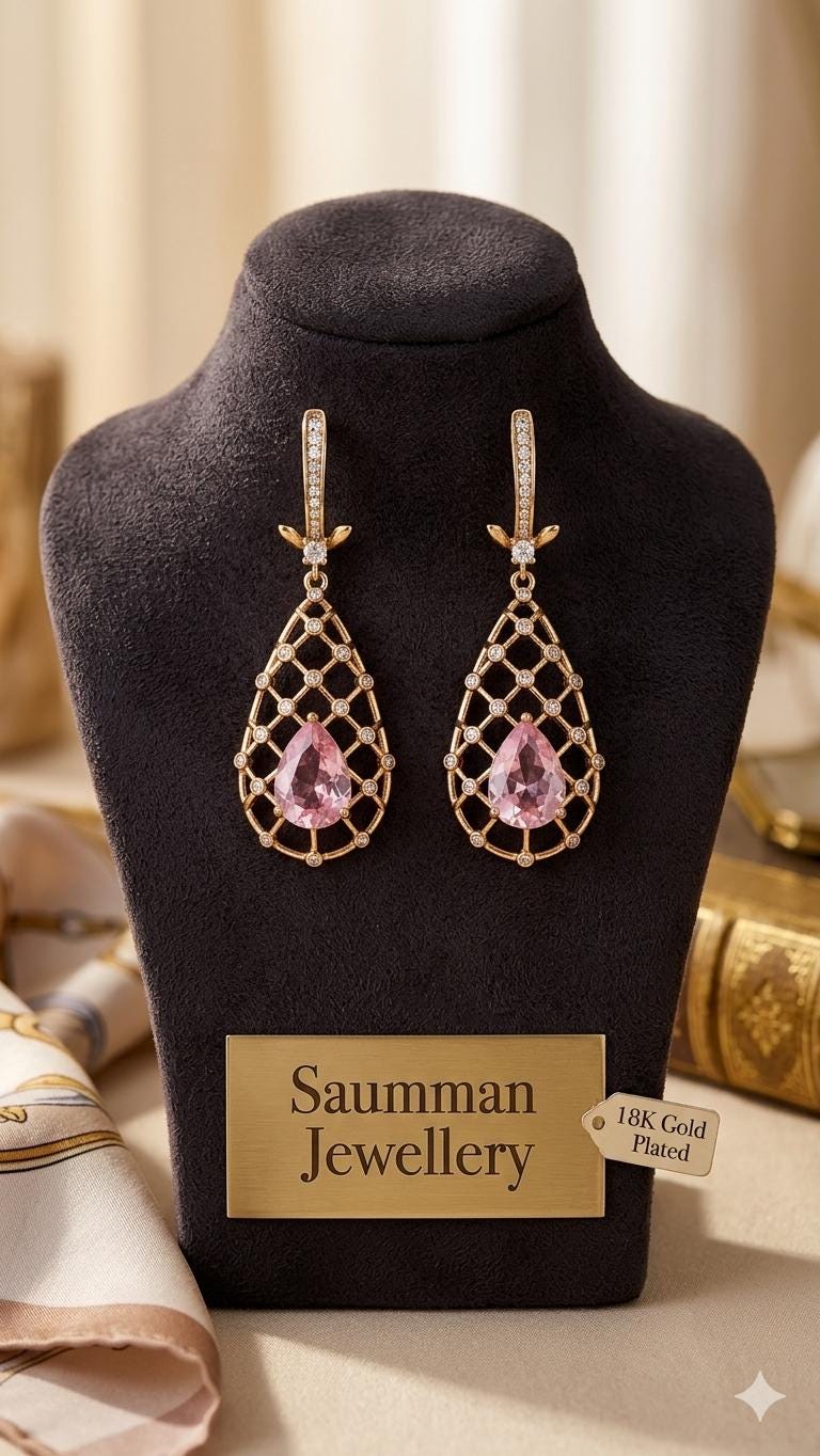 18K Gold Plated Pink Morganite Teardrop Earrings, Victorian Lattice Dangle Jewelry