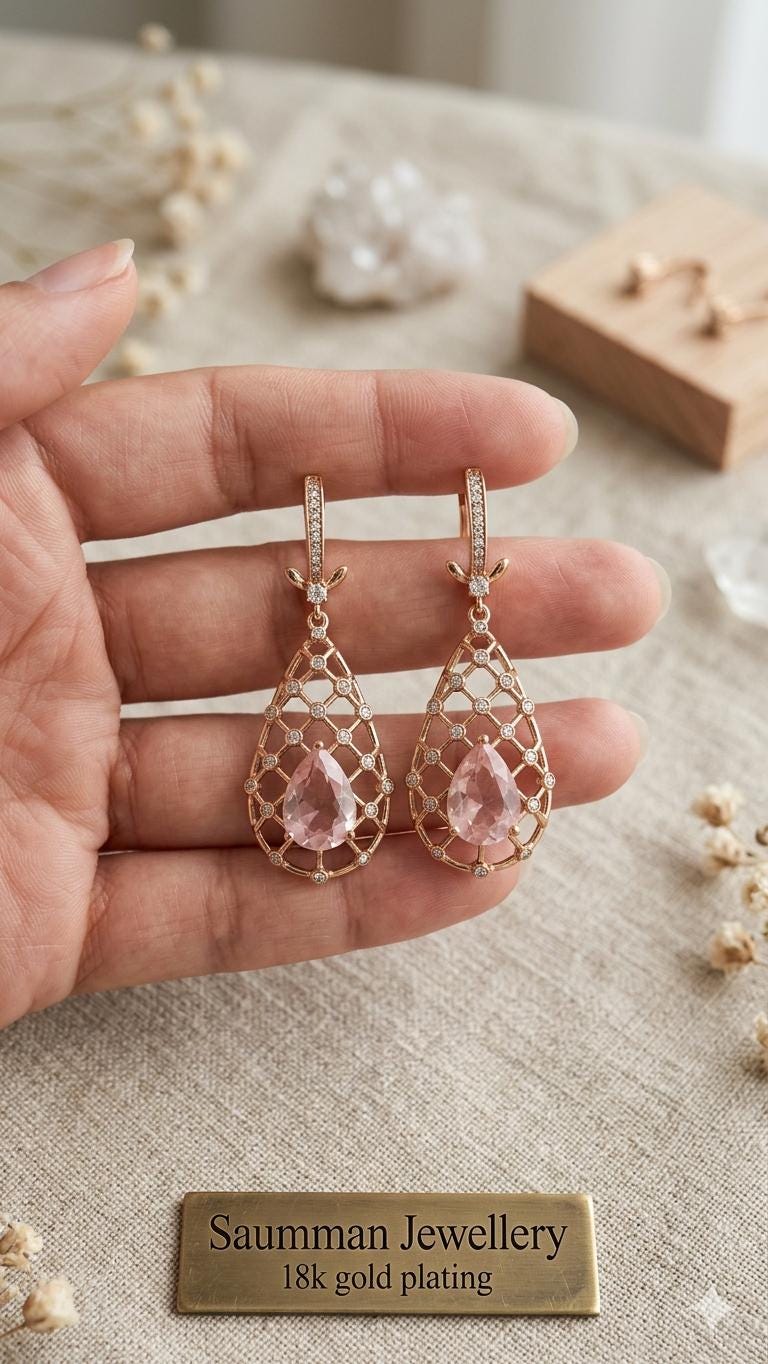 18K Gold Plated Pink Morganite Teardrop Earrings, Victorian Lattice Dangle Jewelry
