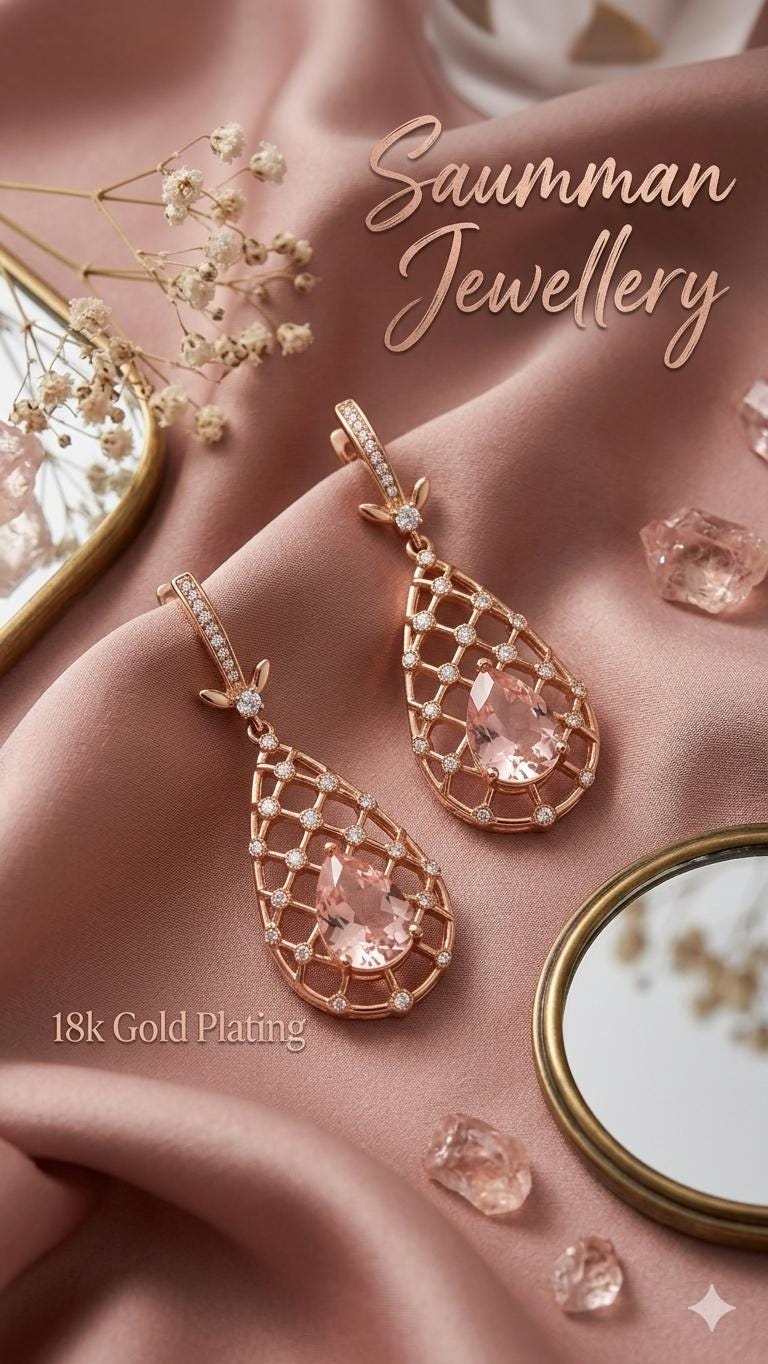 18K Gold Plated Pink Morganite Teardrop Earrings, Victorian Lattice Dangle Jewelry