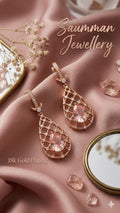 18K Gold Plated Pink Morganite Teardrop Earrings, Victorian Lattice Dangle Jewelry