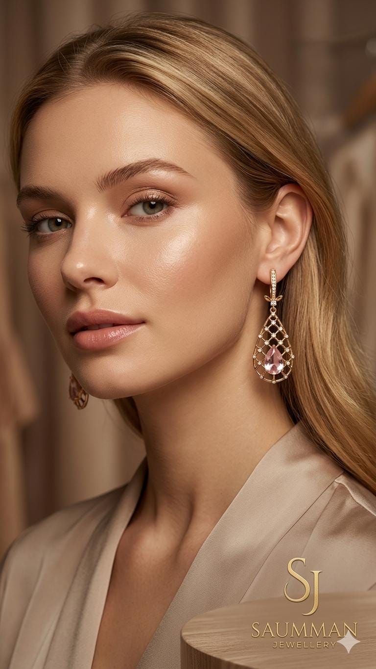 18K Gold Plated Pink Morganite Teardrop Earrings, Victorian Lattice Dangle Jewelry