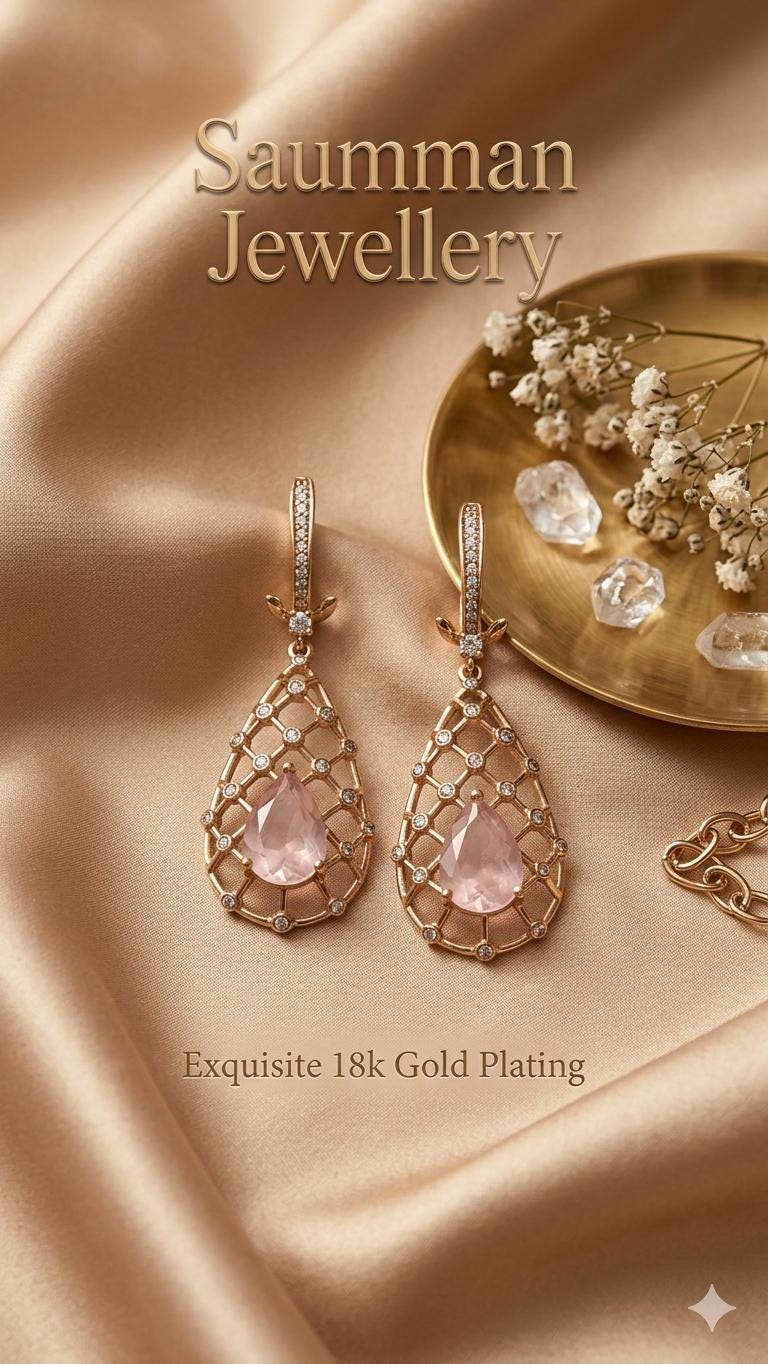 18K Gold Plated Pink Morganite Teardrop Earrings, Victorian Lattice Dangle Jewelry