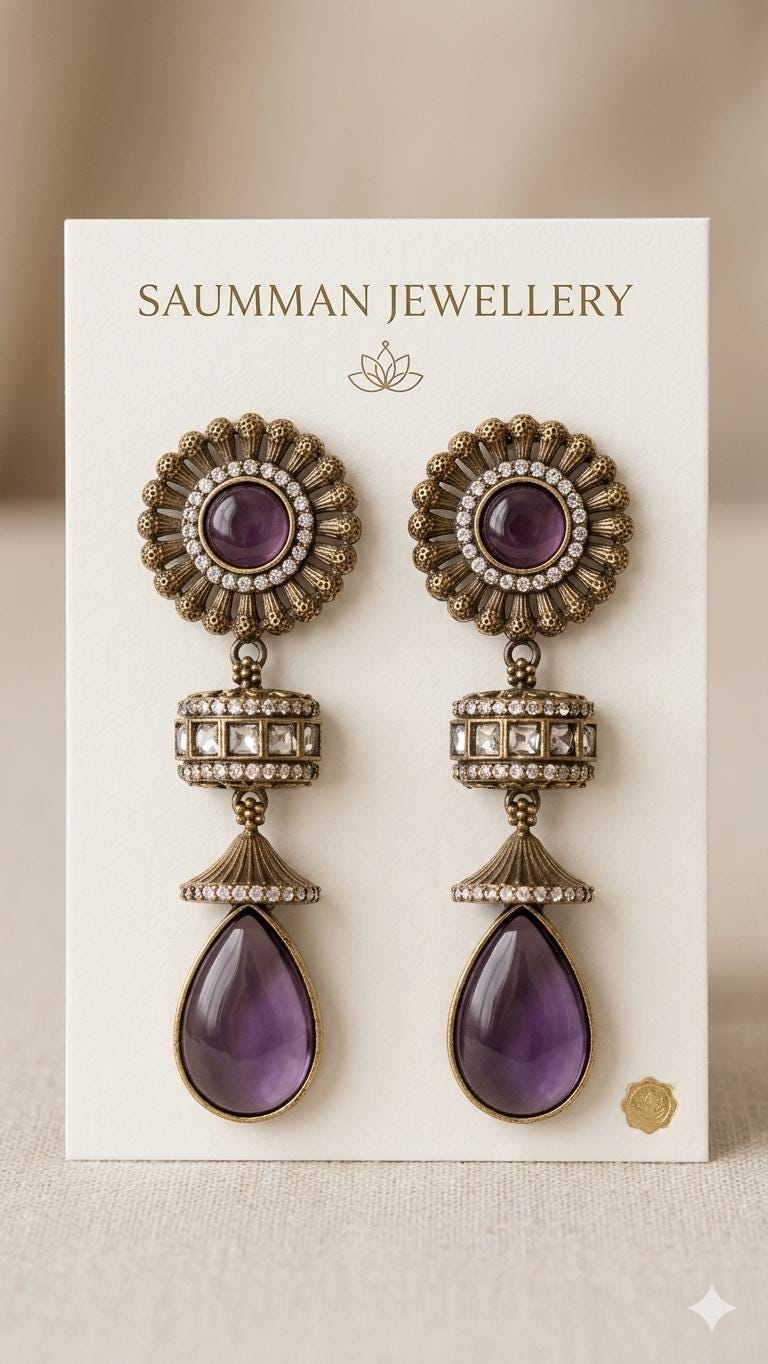 Amethyst Drop Earrings | Antique Gold Victorian Indian Jhumka Bridal Jewelry.