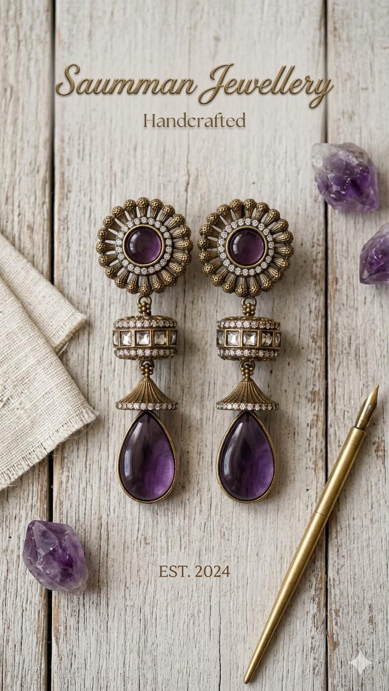 Amethyst Drop Earrings | Antique Gold Victorian Indian Jhumka Bridal Jewelry.
