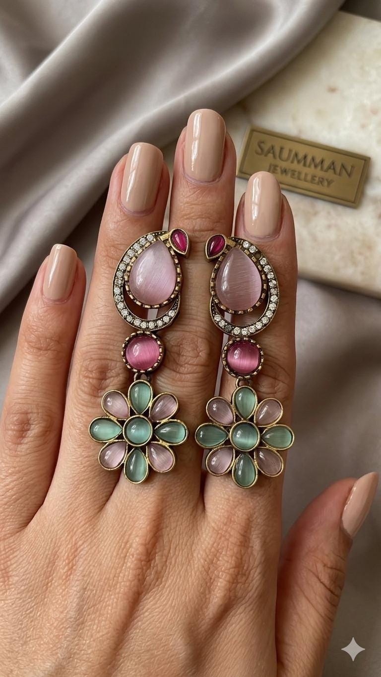 Pastel Floral Drop Earrings, Kundan Meenakari, Indian Wedding Jewelry, Bollywood Style Jhumka
