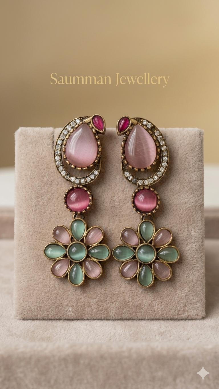 Pastel Floral Drop Earrings, Kundan Meenakari, Indian Wedding Jewelry, Bollywood Style Jhumka