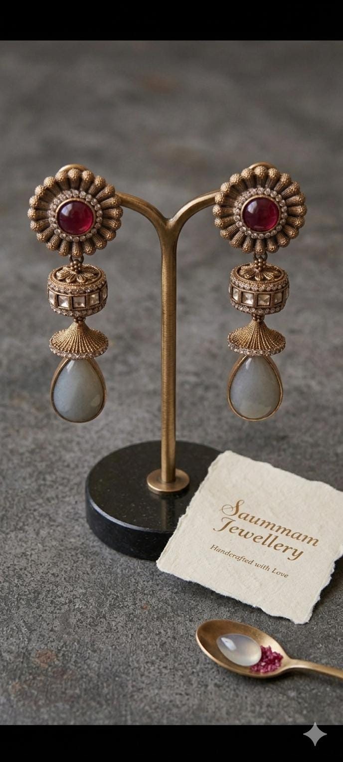 Sabyasachi Inspired Floral Jhumka Earrings, Antique Gold Ruby Grey Stones, Indian Bridal Jewelry