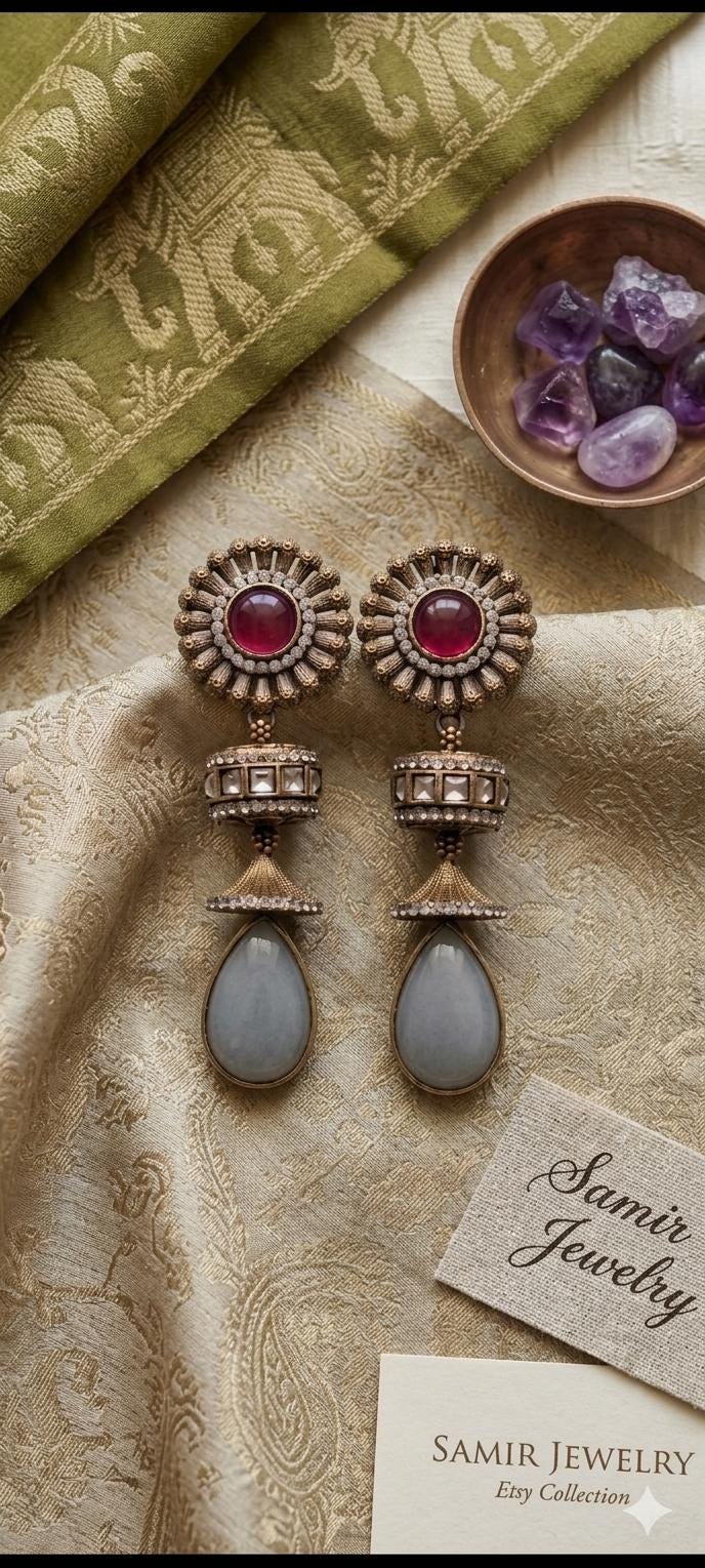 Sabyasachi Inspired Floral Jhumka Earrings, Antique Gold Ruby Grey Stones, Indian Bridal Jewelry