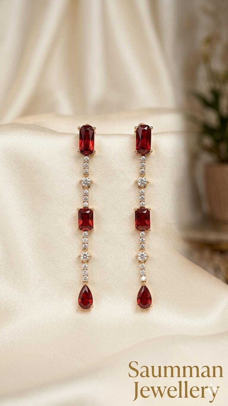 18k Gold Plated Garnet Drop Earrings, Emerald Cut Bridal Dangle Jewelry
