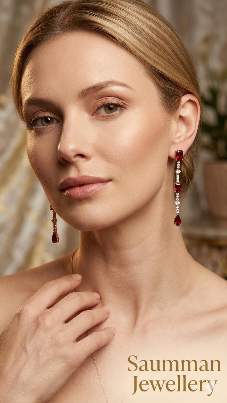 18k Gold Plated Garnet Drop Earrings, Emerald Cut Bridal Dangle Jewelry