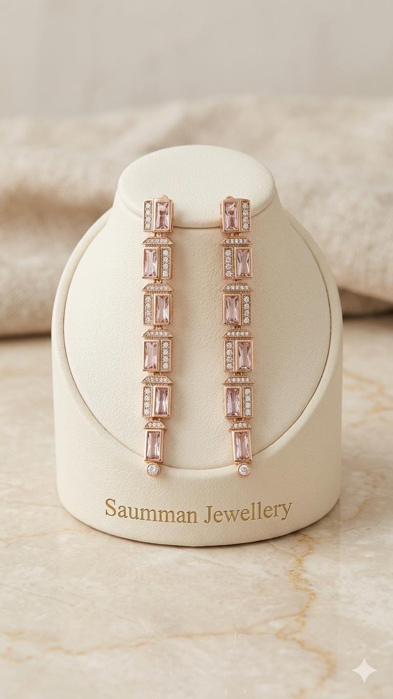 18K Gold Plated Pink Baguette Crystal Drop Earrings, Art Deco Bridal Geometric Dangle