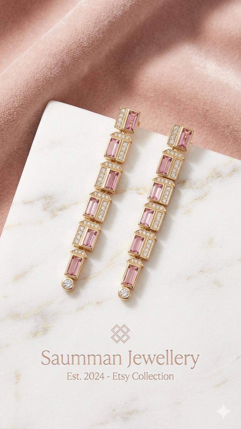 18K Gold Plated Pink Baguette Crystal Drop Earrings, Art Deco Bridal Geometric Dangle