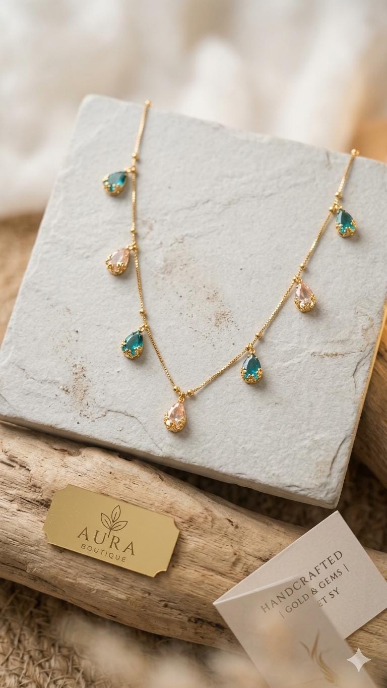 Dainty Teardrop Charm Necklace, Gold Fill, Pear Cut Emerald CZ, Minimalist Boho Jewelry