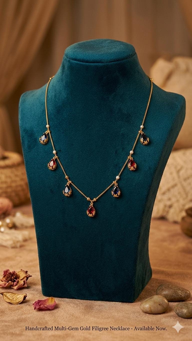 Vintage Style Ruby Sapphire Teardrop Charm Necklace, Gold Filigree Station Choker