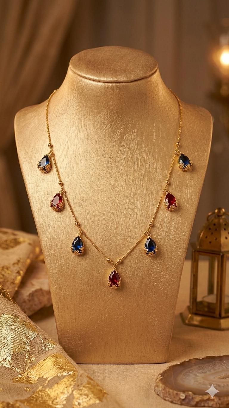 Vintage Style Ruby Sapphire Teardrop Charm Necklace, Gold Filigree Station Choker