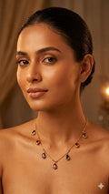 Vintage Style Ruby Sapphire Teardrop Charm Necklace, Gold Filigree Station Choker