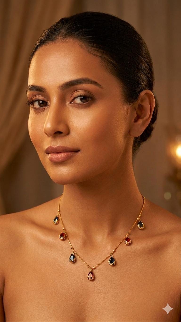 Vintage Style Ruby Sapphire Teardrop Charm Necklace, Gold Filigree Station Choker