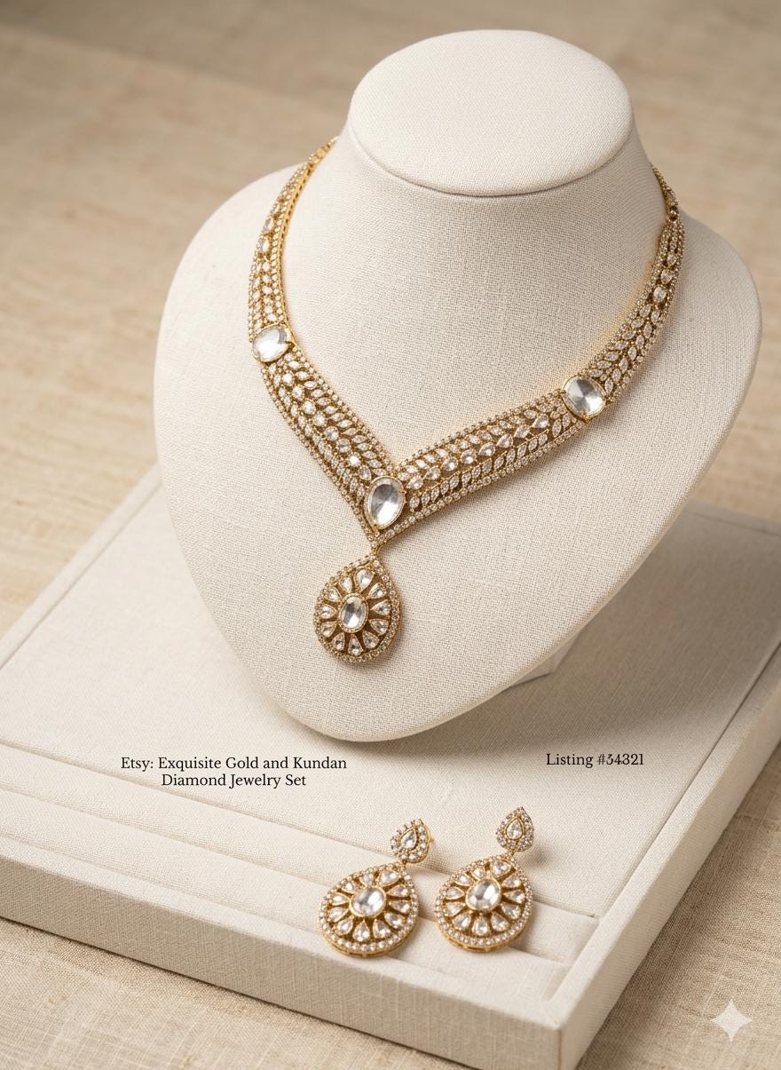 Gold Plated Polki Necklace Set with Drop Earrings | Indian Bridal Jewelry