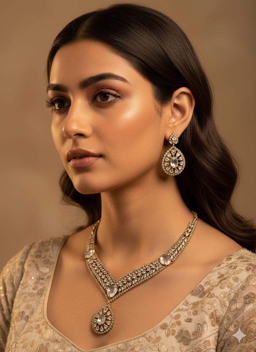 Gold Plated Polki Necklace Set with Drop Earrings | Indian Bridal Jewelry