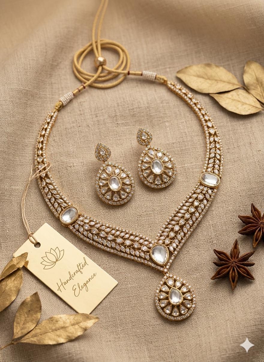 Gold Plated Polki Necklace Set with Drop Earrings | Indian Bridal Jewelry