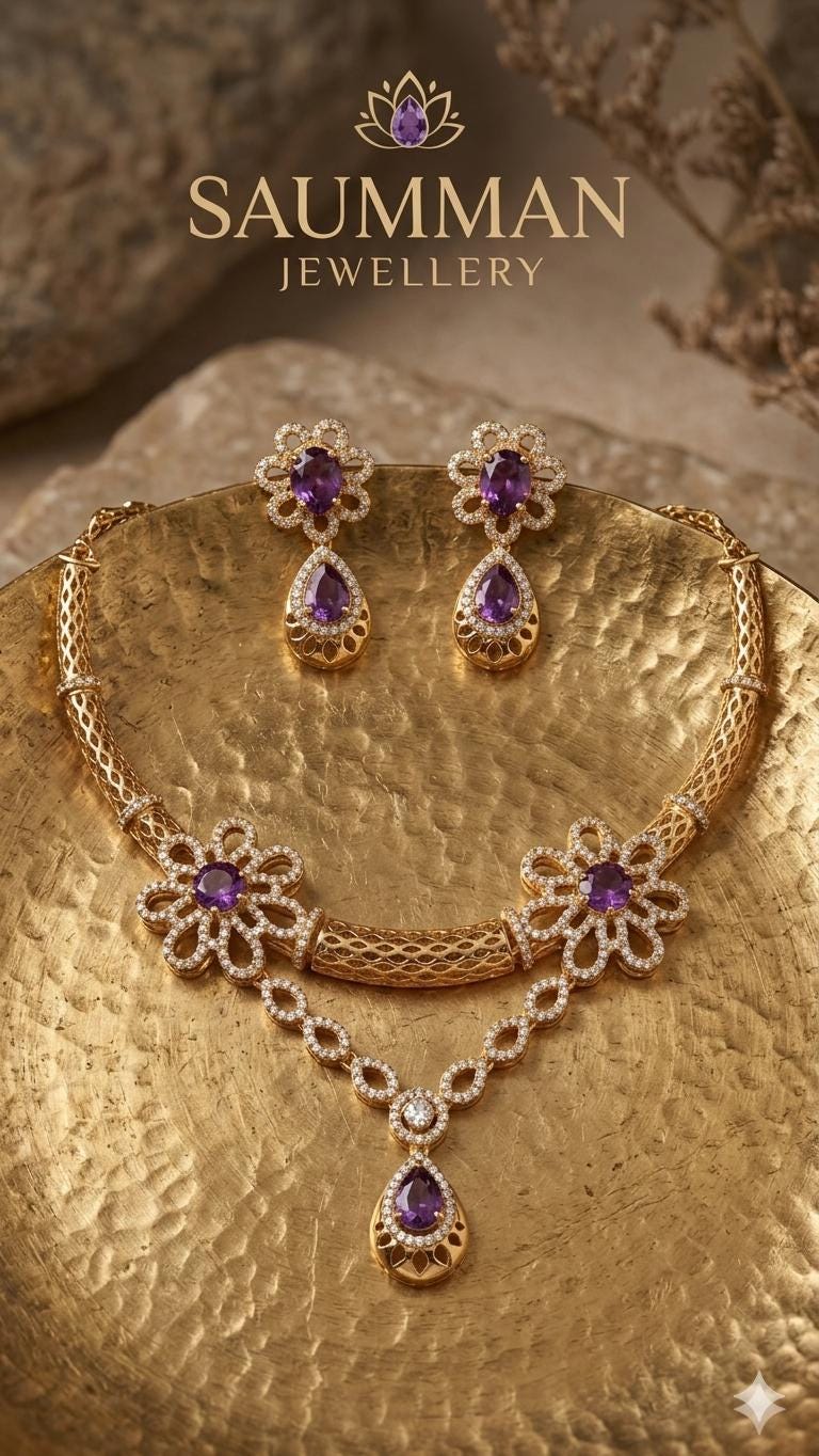 Gold Plated Amethyst Flower Hasli Necklace Set, Teardrop Earrings, Traditional Indian Choker
