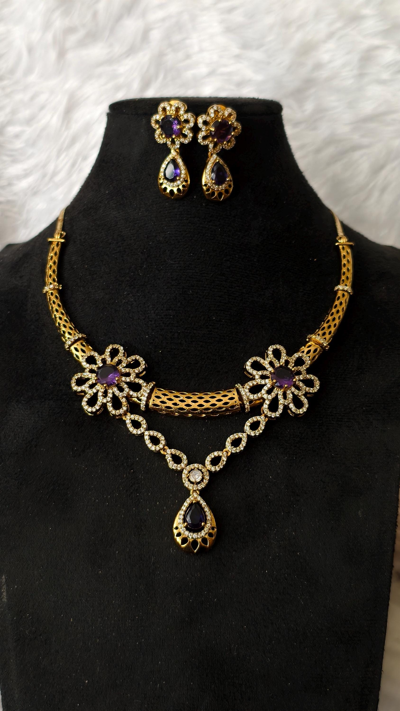 Gold Plated Amethyst Flower Hasli Necklace Set, Teardrop Earrings, Traditional Indian Choker
