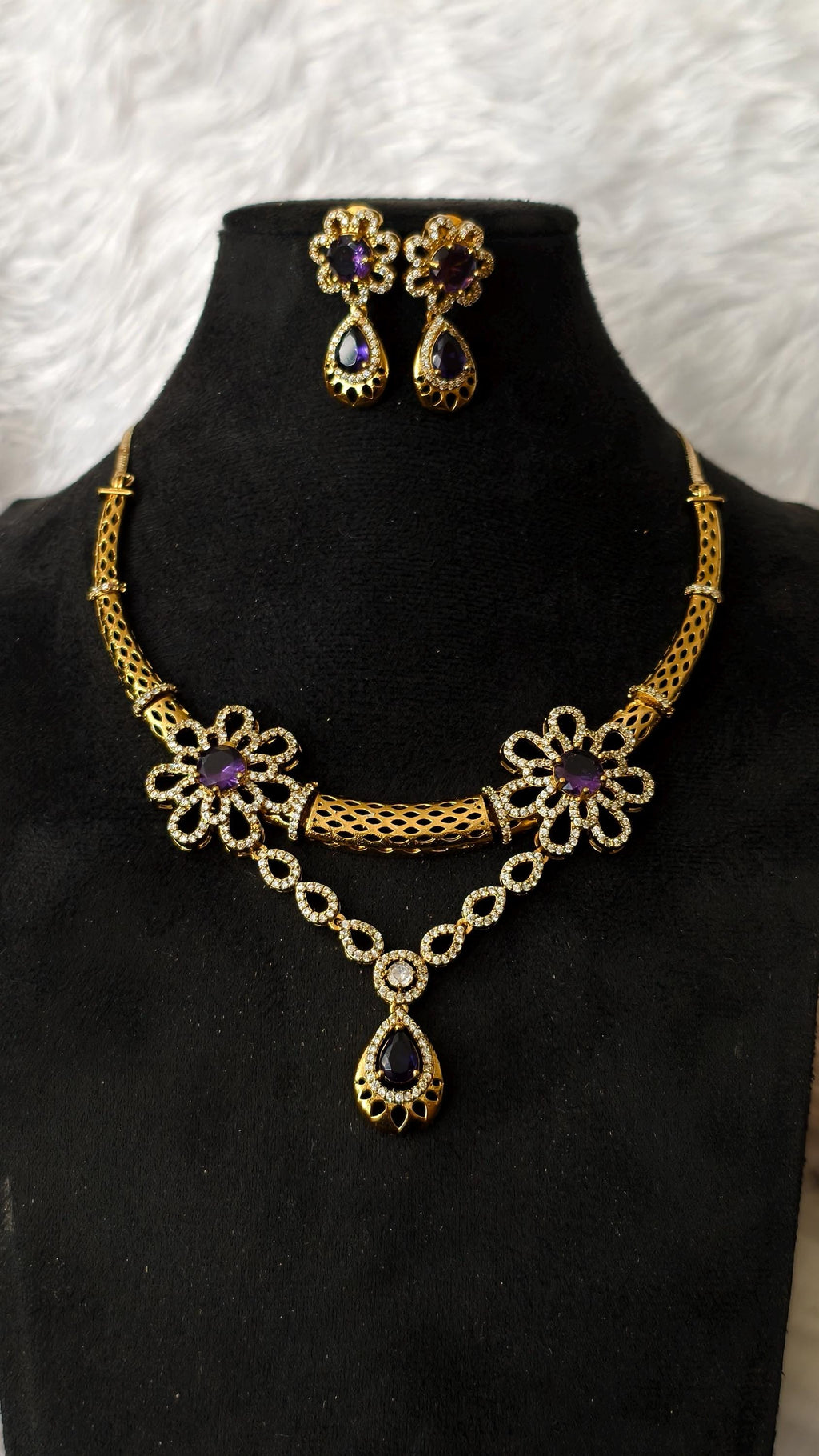 Gold Plated Amethyst Flower Hasli Necklace Set, Teardrop Earrings, Traditional Indian Choker