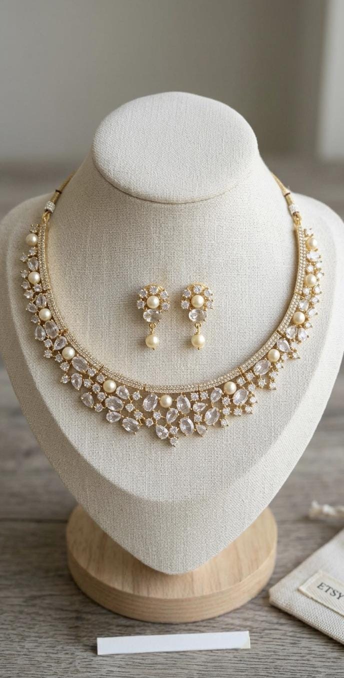 Gold Plated Pearl Necklace Earrings Set, Bridal Choker, Bollywood Wedding Jewelry