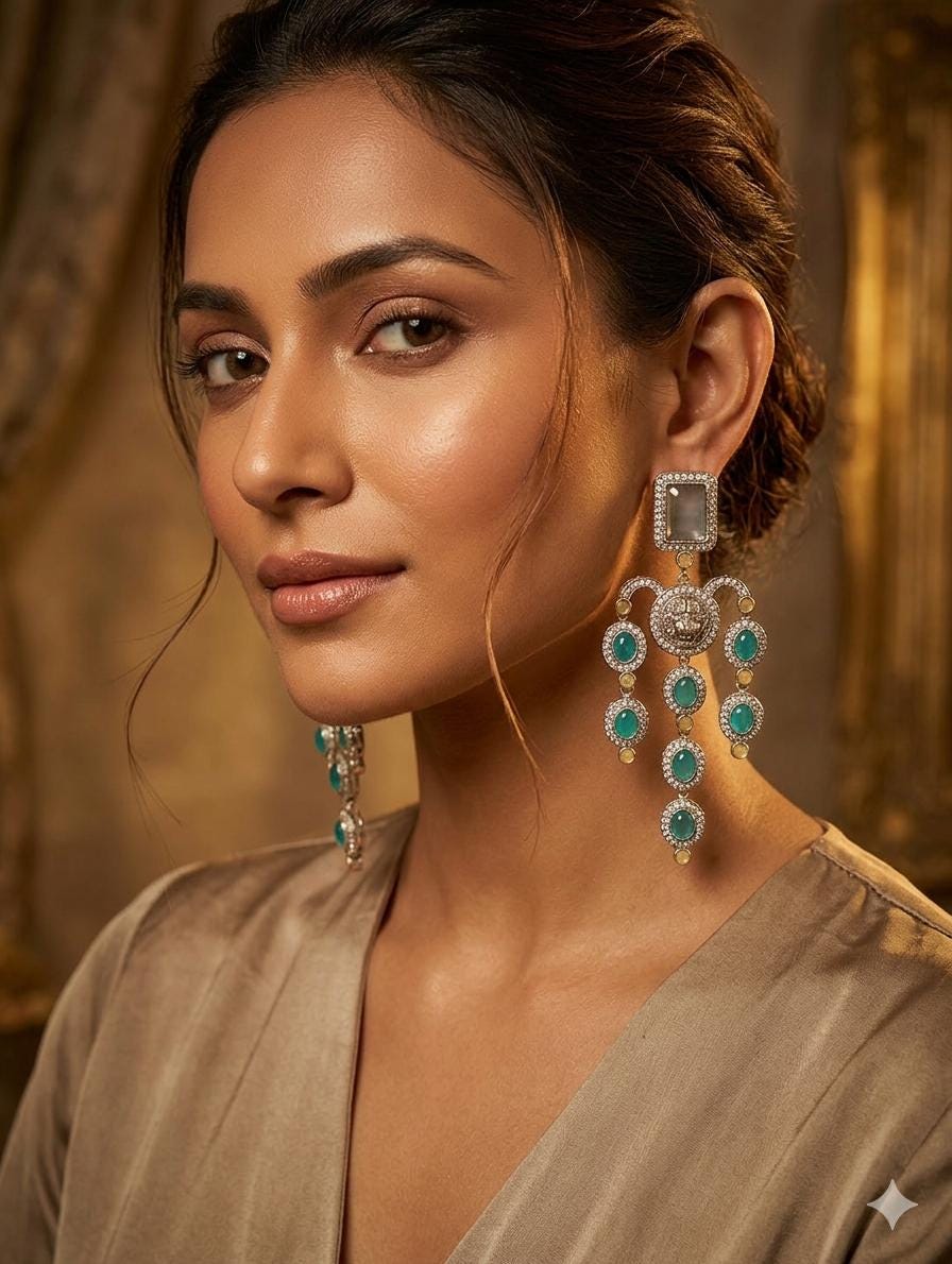 Royal Lion Head Chandelier Earrings  Antique Silver Teal Gemstone Jhumkas
