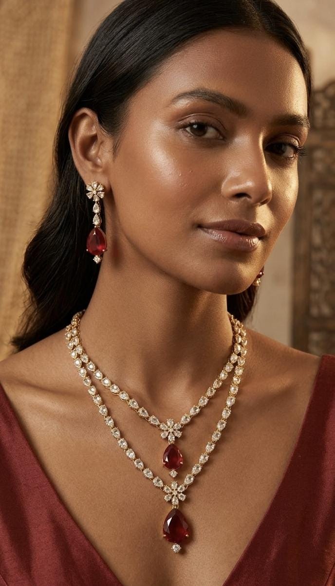 Ruby Red Teardrop Necklace Earring Set  Gold Plated Bridal Statement Wedding Jewelry