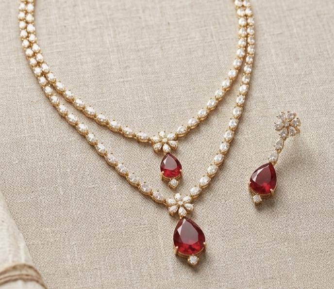 Ruby Red Teardrop Necklace Earring Set  Gold Plated Bridal Statement Wedding Jewelry