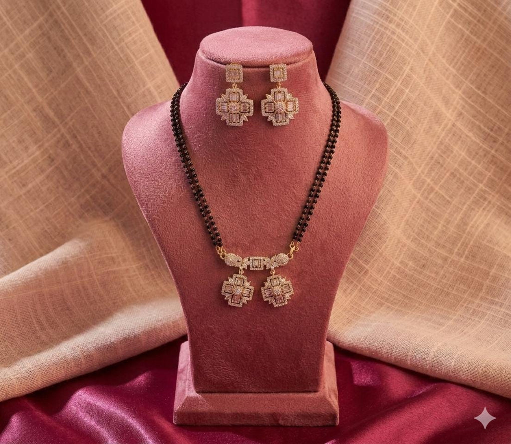 Geometric Mangalsutra Set with Earrings | Black Bead Double Chain AD Pendant Neckset