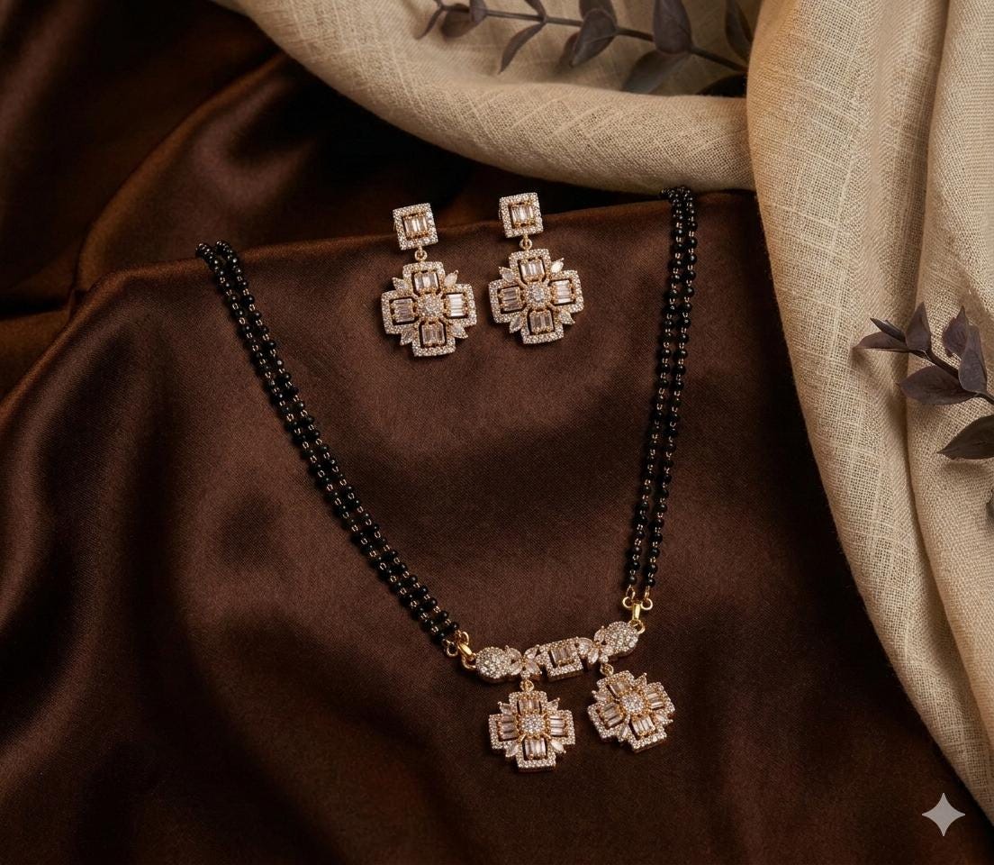 Geometric Mangalsutra Set with Earrings | Black Bead Double Chain AD Pendant Neckset