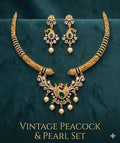 Antique Gold Plated Peacock Hasli Necklace Set, Emerald Pearl Choker Earrings